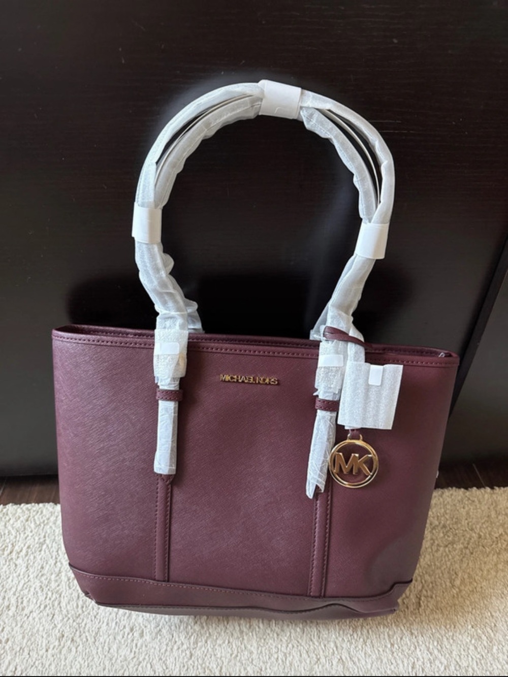 Michael Kors Wine Saffiano Tote with Gold MK Charm